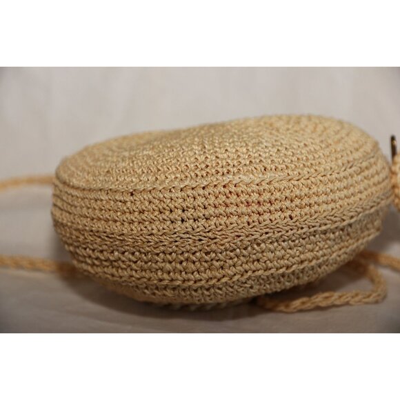 Vintage 1960's Crochet Round Purse Shoulder Crossbody Bag Beige Handmade Zipper - Picture 8 of 8